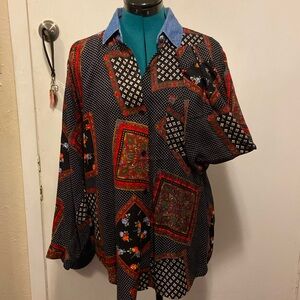 Patchwork Long Sleeve Blouse w/Denim collar button up Dark Navy Print MED